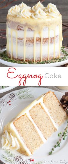 an eggnog cake with white frosting and pine cones on the side is shown