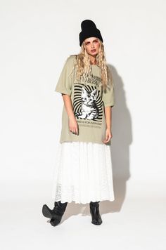 Love this tee!! T Shirts Over Dresses, Style A Big Shirt, Big T Shirt Outfits, Colorful Aesthetic Outfits, T Shirt Over Dress, Oversized Tee Outfit, Womens Oversized Tee, Edgy Boho, Satin Playsuit