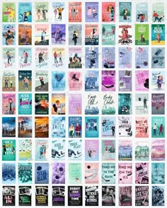 a collage of books with different covers and titles on them, all in pastel colors