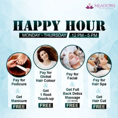 HAPPY HOURS on MONDAY-THURSDAY (12PM-5PM) 🅵🆁🅴🅴 Manicure with Pedicure 🅵🆁🅴🅴 1 Root Touch-up with Global Hair Colour 🅵🆁🅴🅴 Full Back Detox Massage (30 Minutes) with Facial 🅵🆁🅴🅴 Hair Cut with Hair Spa Book an APPOINTMENT NOW ⬇️ 📞 9650413400 📲 WhatsApp Us : https://bit.ly/MeadowsWA #Meadows #MeadowsWellness #bestoffers #pedicure #manicure #globalhaircolour #roottouchup #facial #backdetoxmassage #hairspa #haircut #SalonBonanza BestSalonOffers #Happyhours #Bestsalonnearme Salon Offers Ideas, Beauty Parlour Offer Poster, Global Hair Colour, Buissness Cards, Beauty Post Ideas, Makeup Artist Marketing, Men Salon, British Slang Words, Spa Vibes