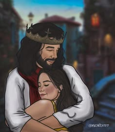 a drawing of jesus hugging a woman with a crown on her head