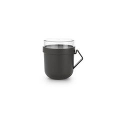 thermos cup with handle and lid is shown in black on a white background