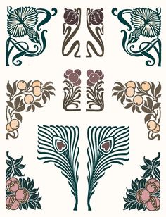 an art nouveau design with flowers and swirls on the sides, including two peacocks