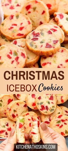 christmas icebox cookies are stacked on top of each other with the title overlay