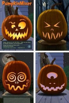 four pumpkins with faces carved into them in various stages of carving, including the eyes and mouth