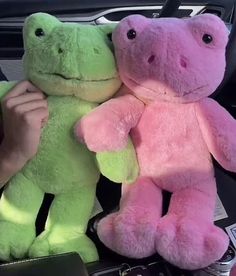 two stuffed animals sitting in the front seat of a car, one pink and one green