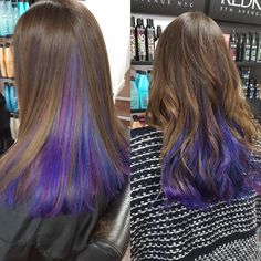 Underlights. Purple, blue and pink Pink Purple And Blue Hair Underneath, Purple Lowlights In Brown Hair, Purple Underlights, Hair Color Reference, Half Hair Color, Belliage Hair, Balliage Hair, Haircuts For Summer