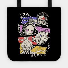 anime characters on black tote bag