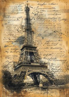 the eiffel tower in paris, france with handwrittens and ink on paper