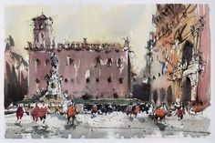 a watercolor painting of people walking in the street