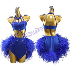 two mannequins dressed in blue and gold, one wearing a bra top