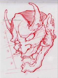 a drawing of a demon head with red ink