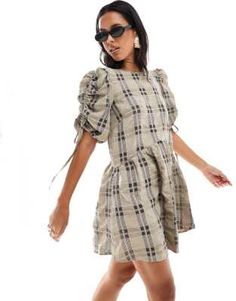 ASOS DESIGN ruched sleeve smock mini dress in plaid print Casual Mini Dress With Puff Elastic Sleeves, Knee-length Mini Dress With Elastic Sleeves For Summer, Casual Puff Sleeve Dress With Pleated Sleeves, Casual Mini Dress With Pleated Puff Sleeves, Casual Mini Dress With Puff Pleated Sleeves, Casual Puff Sleeve Dress With Elastic Sleeves For Fall, Casual Mini Dress With Gathered Sleeves, Trendy Fitted Plaid Mini Dress, Casual Summer Mini Dress With Gathered Sleeves