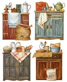 four different pictures of kitchen furniture and items in watercolor on white paper, each with an old - fashioned look