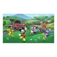 mickey mouse and other cartoon characters running in the grass