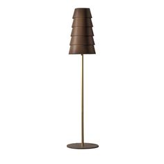 a floor lamp with a brown shade on it's base and a white background