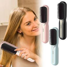 Hot Comb Straightener USB Rechargeable Hair Straightening Brush Flat Comb With 3D Comb Tooth 3 Temps Anti Scald For Fine Soft Frizzy Hair Travel Or Home Women Girls Features: Advanced Heat Control: Utilizing an anti-scald function, this cordless hair straightener brush maintains temperature control. Uniquely with a 3D comb tooth, it both holds and your hair from heat damage, leaving hair noticeably softer and smoother. More Lustrous Hair: With negative ion technology, this cordless hair straight Comb Straightener, Cordless Hair Straightener, Hair Straightening Brush, Hot Comb, Straightener Brush, 5 Dollars, Lustrous Hair, Different Hair Types, Hair Brush Straightener