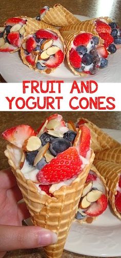 two pictures of fruit and yogurt cones, one with strawberries on top