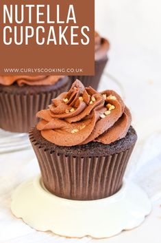 two chocolate cupcakes with nutella on top and the words nutella cupcakes above them