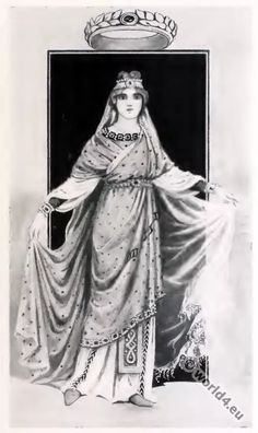 an old fashion illustration of a woman in a dress and tiara with a crown on her head