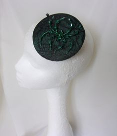 Bottle Green & Black Selena Spider Cocktail Hat Spider Cobweb, Crystal Spider, Green Velvet Fabric, Hat Fascinator, Elegant Halloween