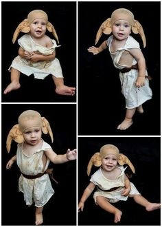 four pictures of a baby with angel wings on it's head and hands in different poses