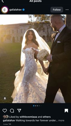 the bride and groom are walking together