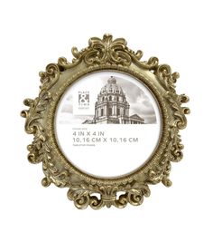 an ornate gold frame with a building in the background and text below it that reads 4x4in