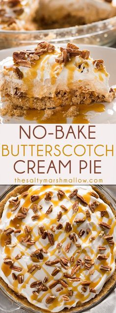 no - bake butterscotch cream pie with pecans on top and bottom