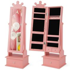 a pink jewelry cabinet and mirror with balloons in the backgroung it's doors