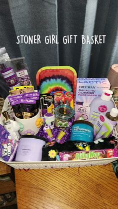 a basket filled with lots of items on top of a wooden table