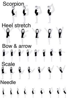 an image of a woman doing different yoga poses for her body and arms with the words scorpion, heel stretch, bow & arrow