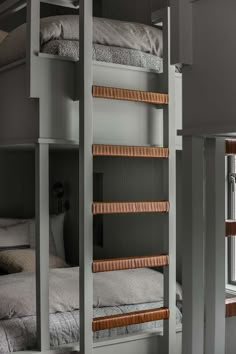 bunk beds in a small room with grey walls