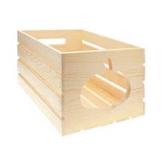 a wooden crate with an apple cut in half on the front and bottom, sitting against a white background