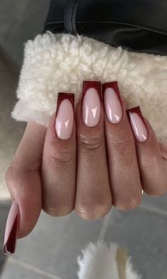 Nail Designs Red French Tip, French Tip Nails Burgundy, Red French Nails, Burgundy Acrylic Nails, Deep Red Nails, Dark Red Nails, Red Acrylic Nails, Red French, Work Nails