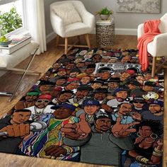 a living room with a large rug covered in cartoon characters