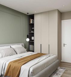 a bedroom with a bed, bookshelf and closets in the wall behind it