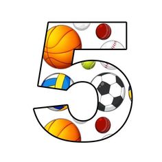 the number five with different sports balls around it