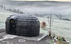 an outhouse in the middle of a field with foggy hills behind it and trees