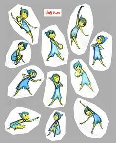 some cartoon character stickers on a white surface with blue and green colors, including the characters