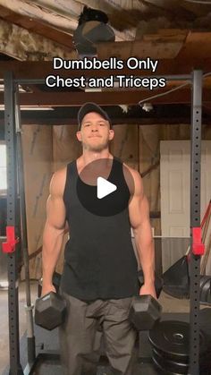 a man standing in front of a gym machine with dumbbells only chest and triceps