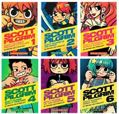 the poster for scott pilgrim's upcoming show is shown in four different colors and sizes