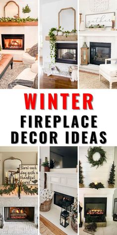 a collage of fireplaces decorated with christmas wreaths and greenery for winter