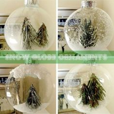 snow globe ornaments with evergreens in them