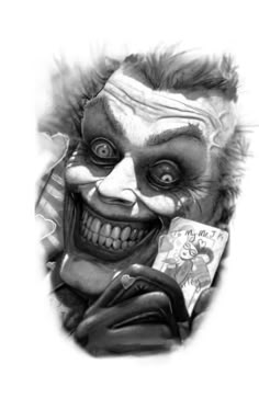 a drawing of a creepy clown holding a book in his hand and looking at the camera