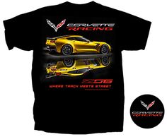 the corvette racing t - shirt is shown with an image of a yellow sports car