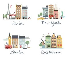 four different buildings with the words paris, london, new york and amsterdam