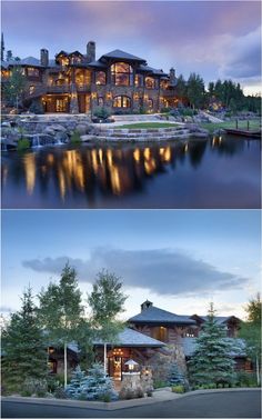 two different views of the same house at night and in the day, there is a lake