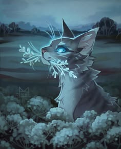 a painting of a cat with blue eyes and white flowers in front of the sky