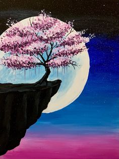 an acrylic painting of a tree on a cliff with the moon in the background